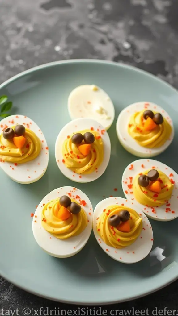 A plate of deviled egg chicks decorated with carrot beaks and olive eyes.