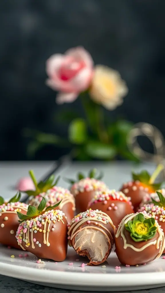 A plate of chocolate-covered strawberries decorated with colorful sprinkles and a flower in the background.