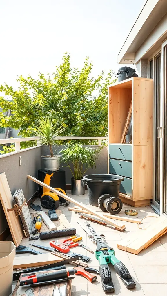 29+ Inspiring Balcony Cabinet Ideas 13 A balcony with tools and materials for building a wooden cabinet.