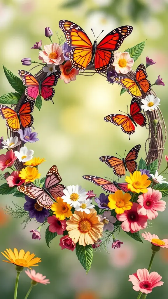 A colorful wreath featuring butterflies and various flowers, symbolizing spring.