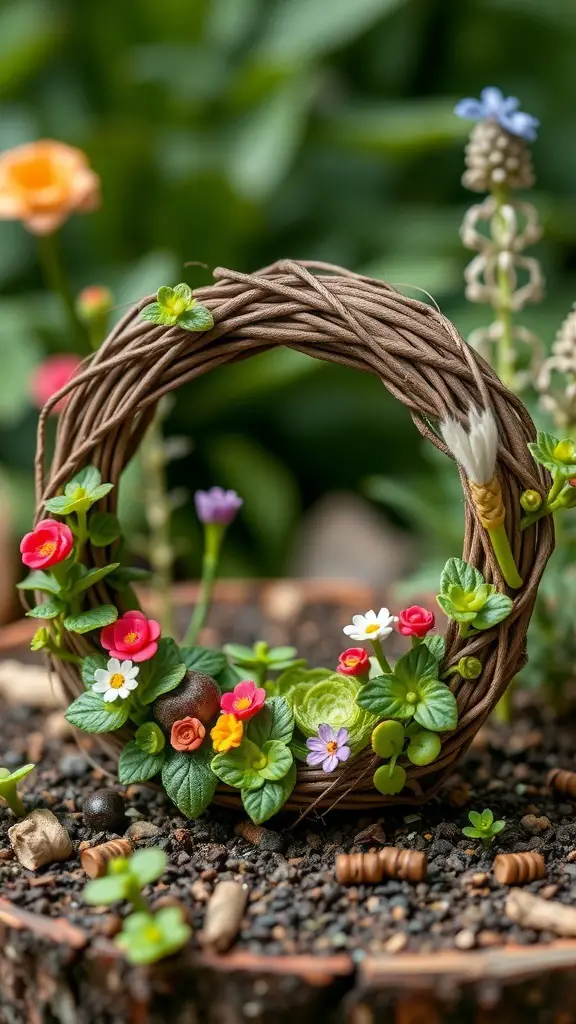 A miniature garden wreath made of twigs and colorful flowers, set against a blurred green background.