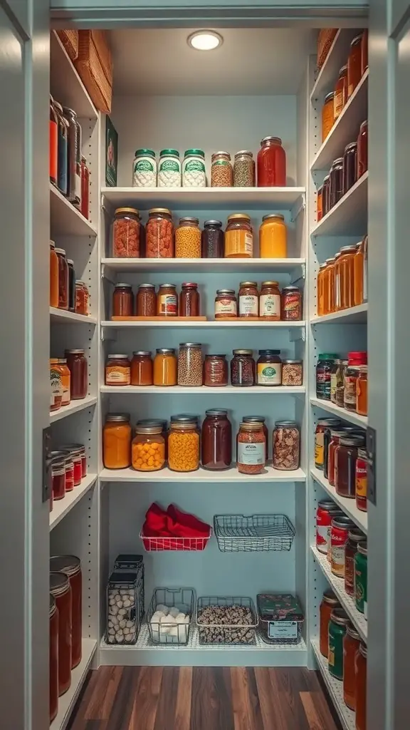 A well-organized closet pantry with multiple shelves filled with jars and containers.