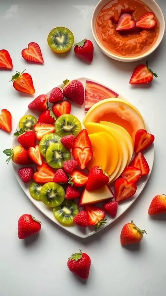 A heart-shaped fruit platter with strawberries, kiwi, and melon, accompanied by a sweet dip.