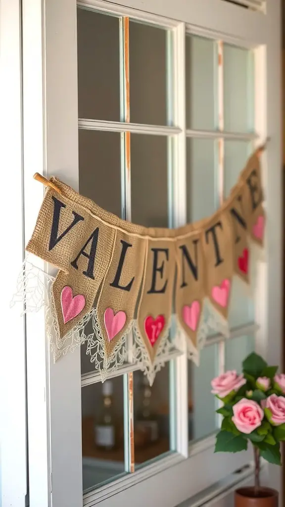 29+ Charming Farmhouse Valentine Decor Ideas You’ll Love 8 A burlap banner spelling 'valore' with red hearts, decorated with doilies and greenery, hanging in a window.