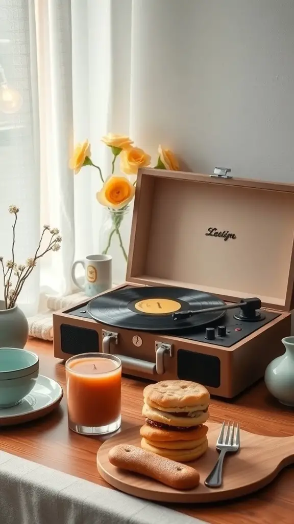A cozy brunch setup with a record player, pancakes, and a candle.