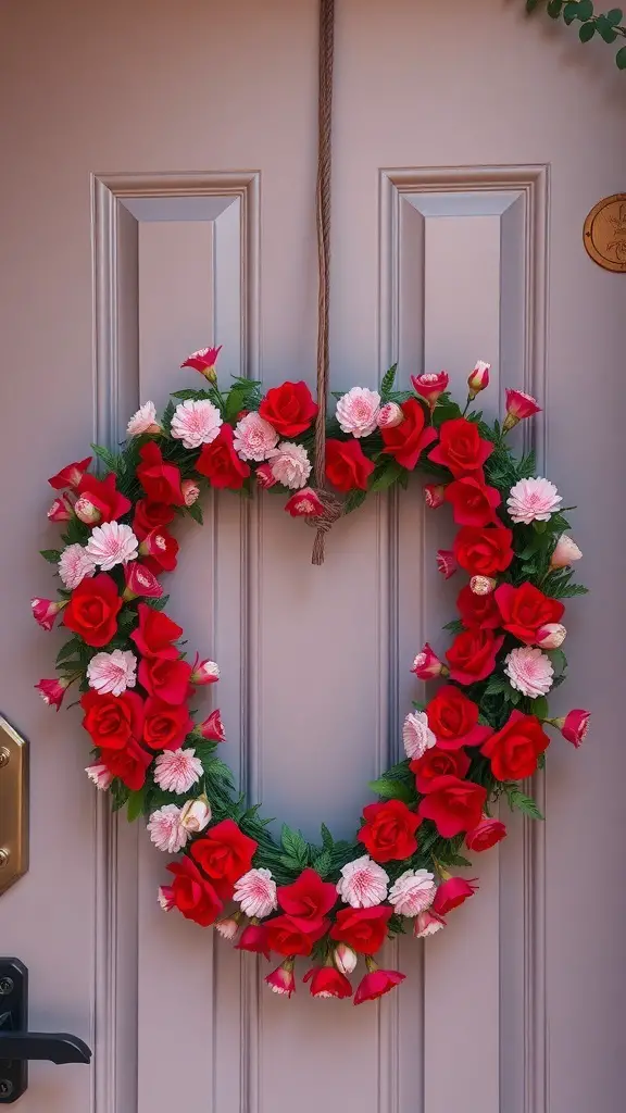 29+ Creative Valentine’s Crafts to Sell This Season 5 A heart-shaped wreath made of red and pink flowers hanging on a door
