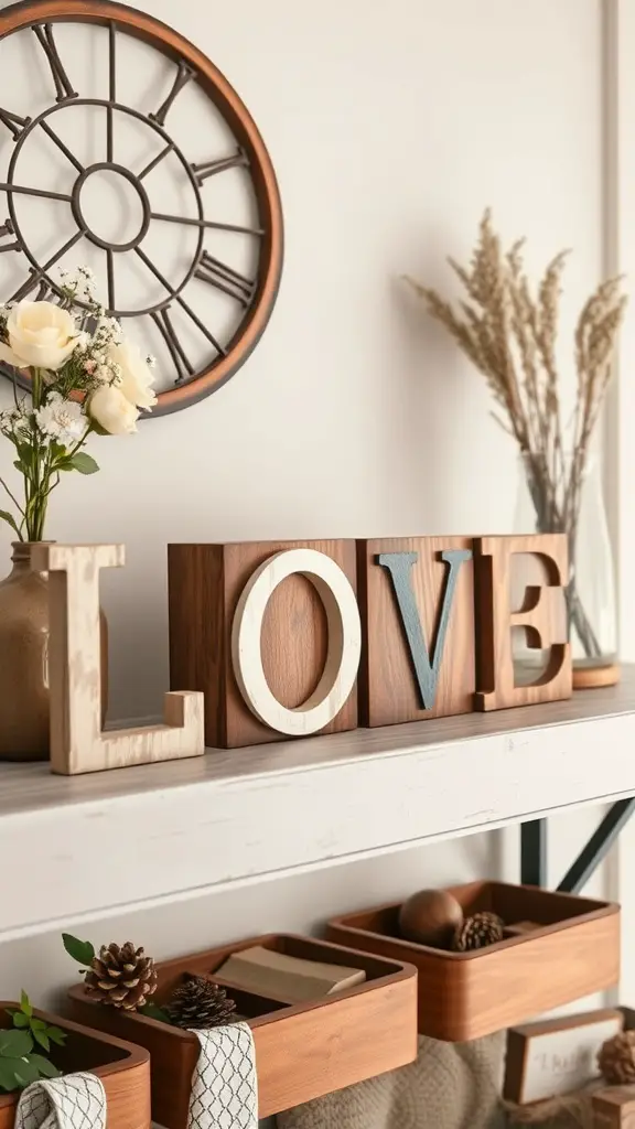 29+ Charming Farmhouse Valentine Decor Ideas You’ll Love 5 Wooden blocks spelling 'LOVE' on a shelf with decorative items