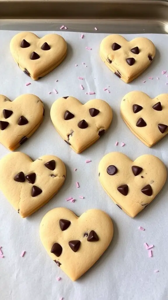 Heart-shaped chocolate chip cookies on a baking sheet