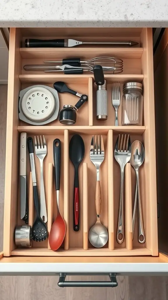 A well-organized kitchen drawer with dividers separating various utensils.