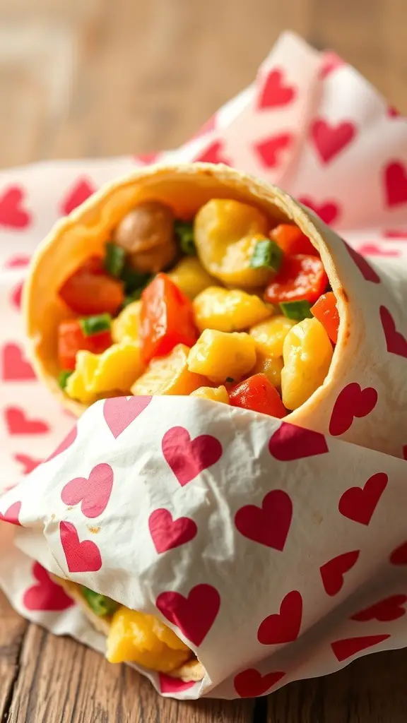 A colorful breakfast burrito wrapped in heart-themed paper, filled with eggs, tomatoes, and veggies.