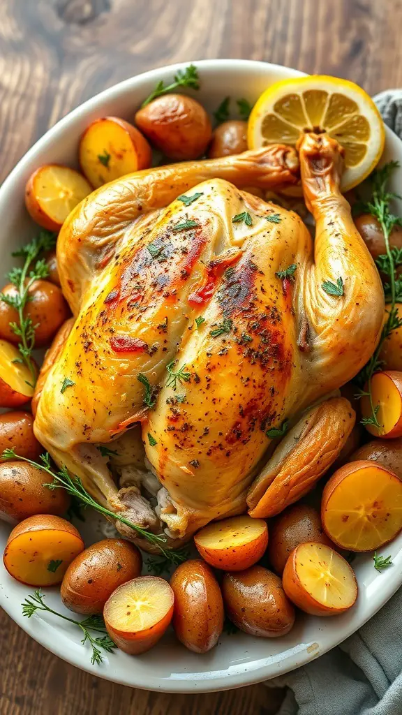 A roasted chicken with lemon and potatoes on a platter