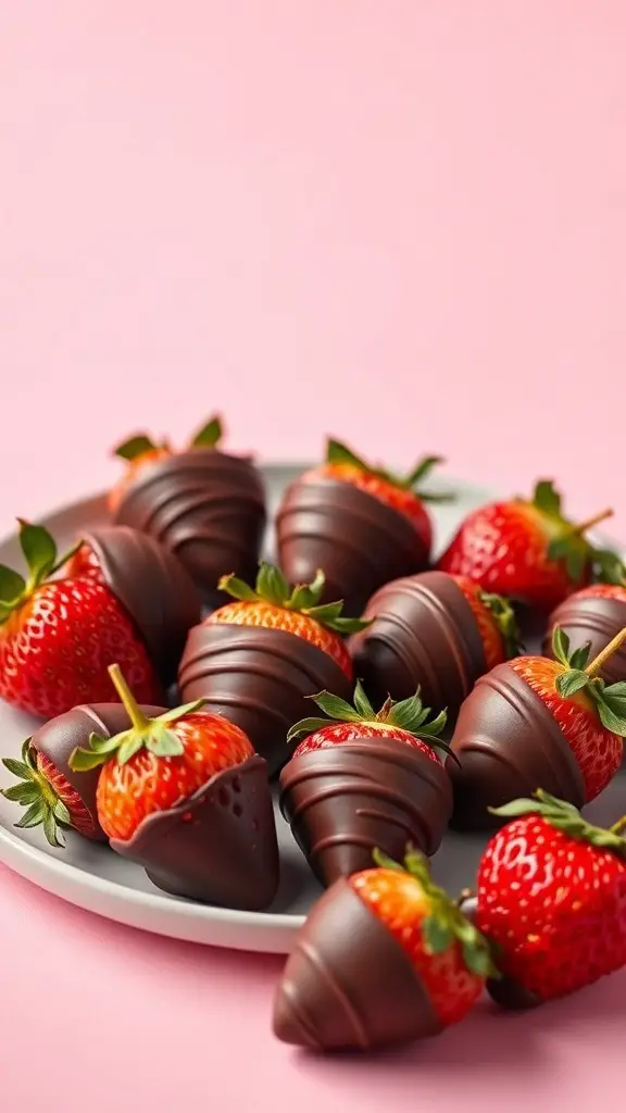 A plate of chocolate-covered strawberries arranged beautifully.