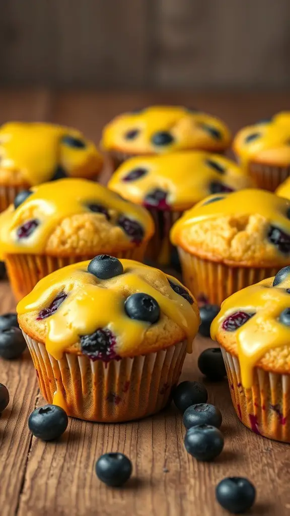 Lemon blueberry muffins with a yellow glaze and fresh blueberries on a wooden surface.