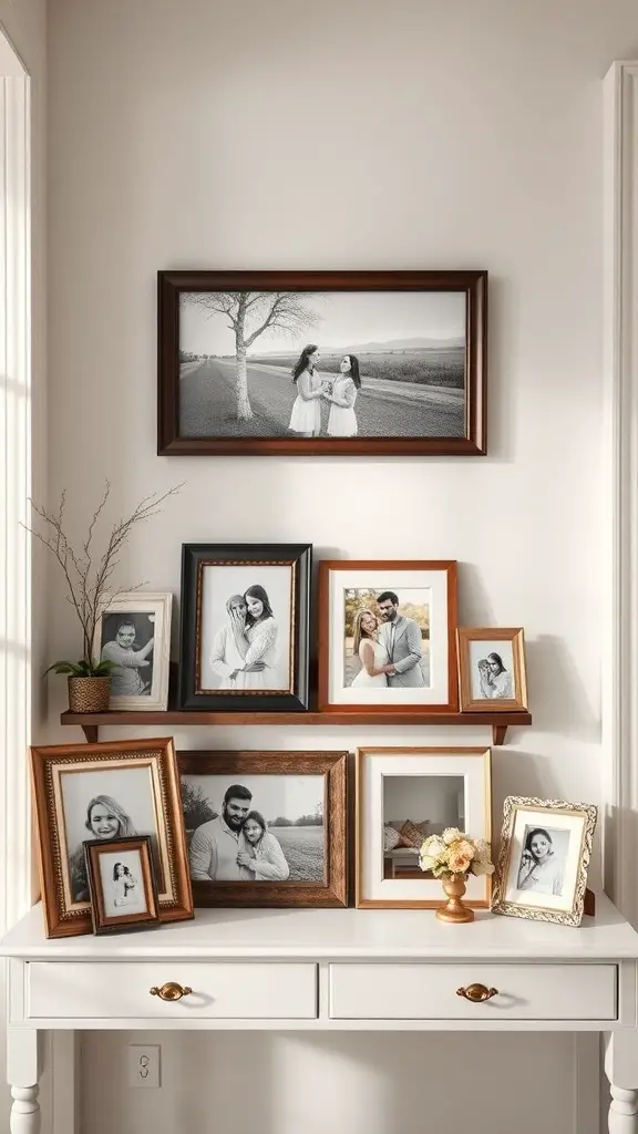 A collection of family photos in various frames displayed on a table against a wall.