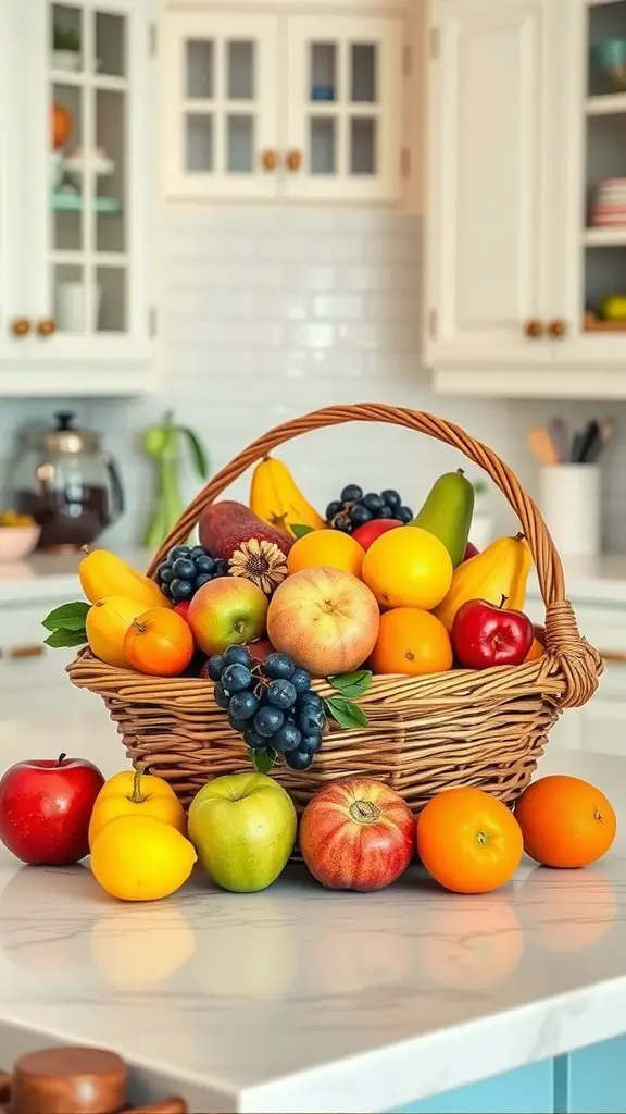 A wicker basket filled with a variety of colorful seasonal fruits on a kitchen island.