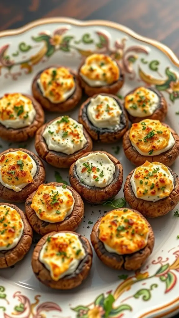 A plate of stuffed mushrooms topped with cream cheese and herbs.