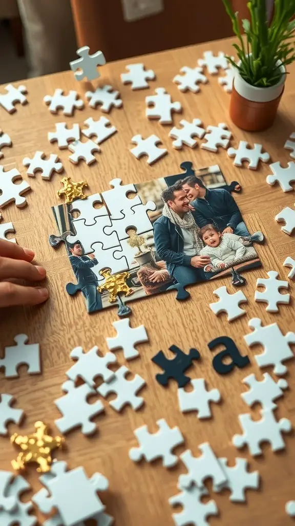 A customized puzzle featuring a family photo, surrounded by puzzle pieces on a wooden table.