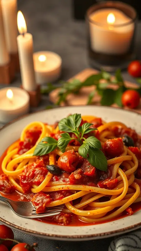 A plate of spaghetti with homemade tomato sauce, garnished with fresh basil, surrounded by candles and cherry tomatoes.