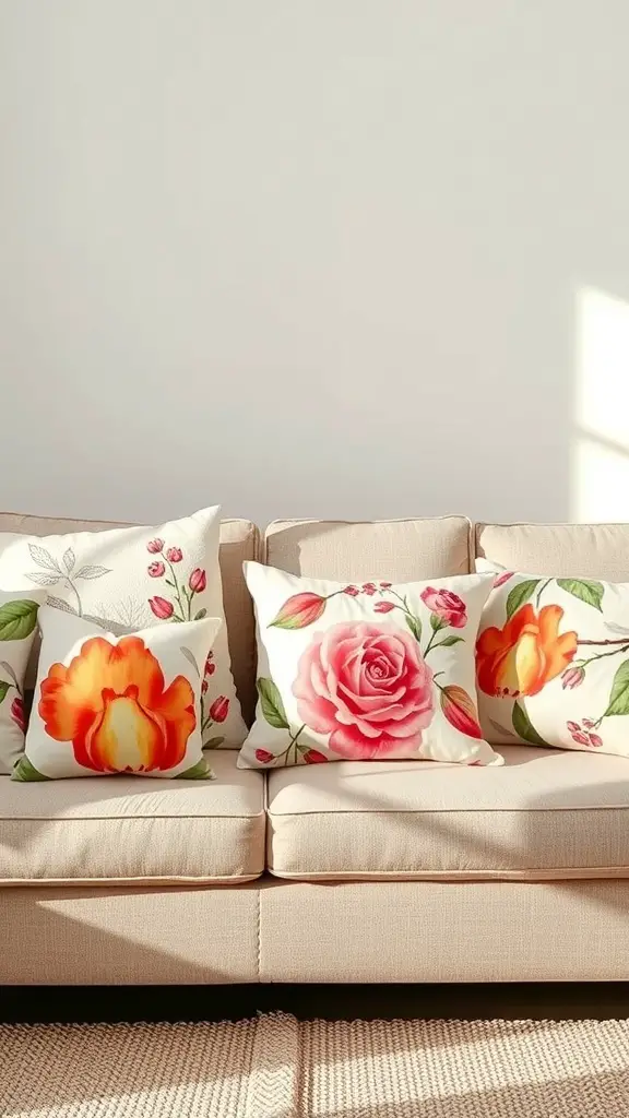 A cozy couch with spring-inspired throw pillows featuring floral designs in pink and orange.