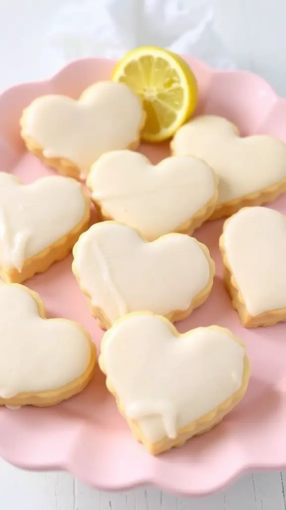 A plate of heart-shaped lemon zest cookies with a glossy icing