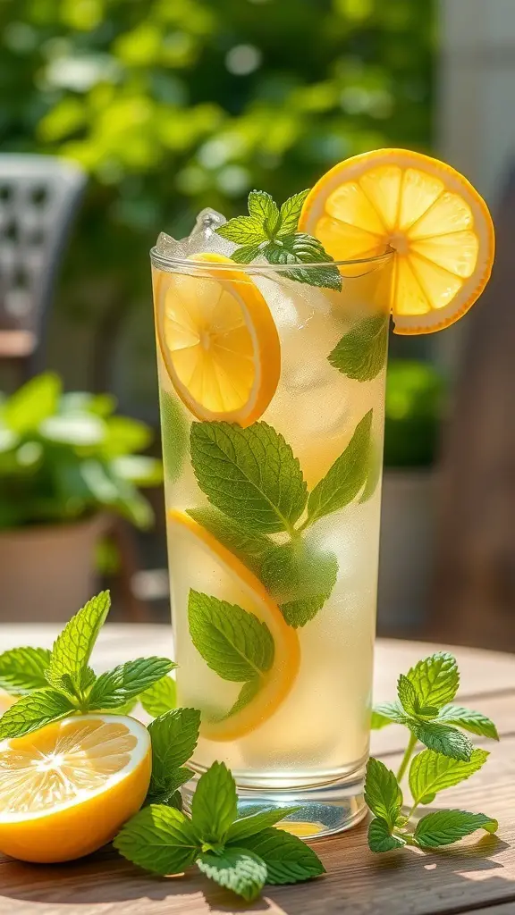 A refreshing glass of mint lemonade with lemon slices and mint leaves