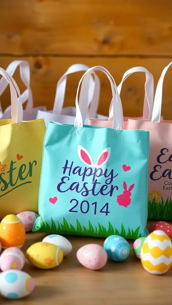 A collection of colorful Easter tote bags with festive designs and Easter eggs.