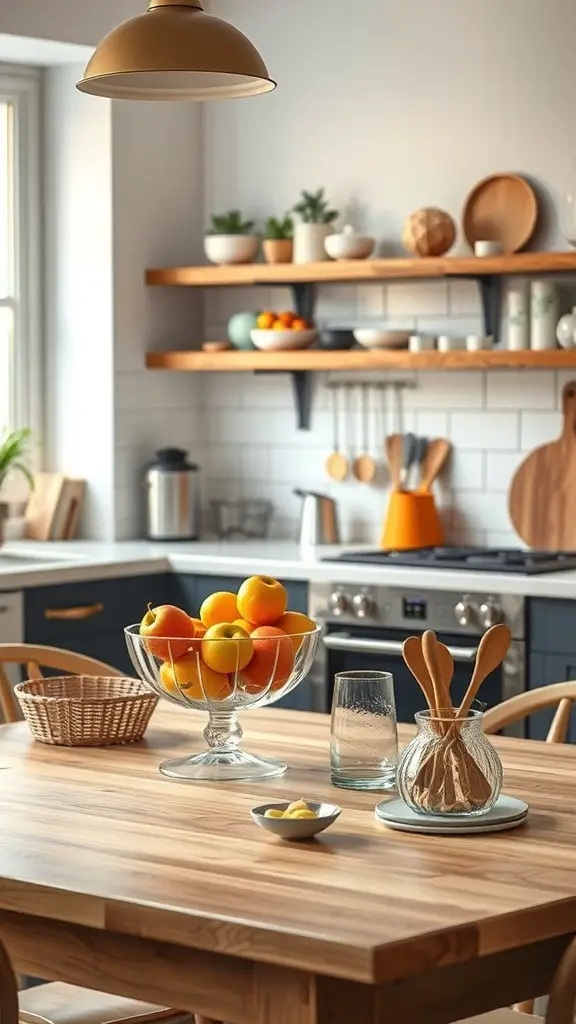 A kitchen table featuring a bowl of apples, a glass jar with wooden utensils, and a woven basket.