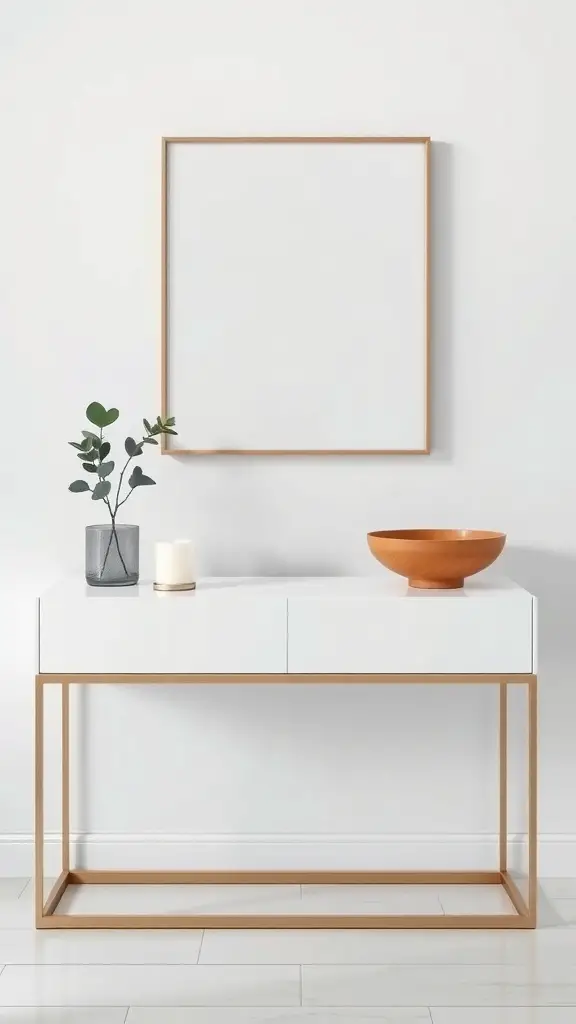 27+ Stunning Console Table Decor Ideas You Need to Try 7 A minimalist console table with a plant, candle, and wooden bowl against a white wall.