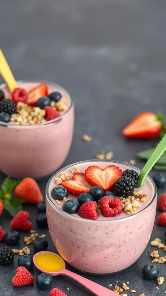 Two berry smoothie bowls topped with strawberries, blueberries, raspberries, and granola