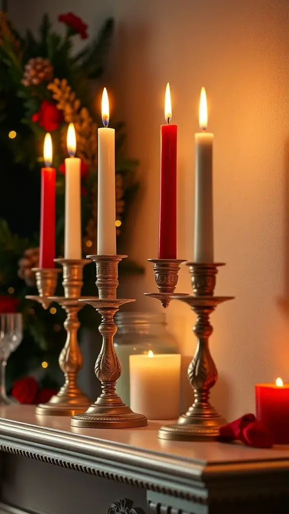 A collection of vintage candlesticks with lit candles in various colors on a mantle, surrounded by decorative elements.