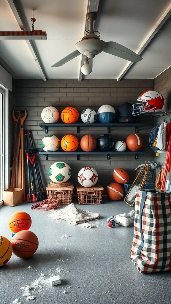 A well-organized garage with various sports balls on shelves and in baskets.