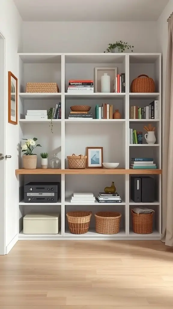 Organized shelving unit in a small apartment, featuring books, baskets, and decorative items.