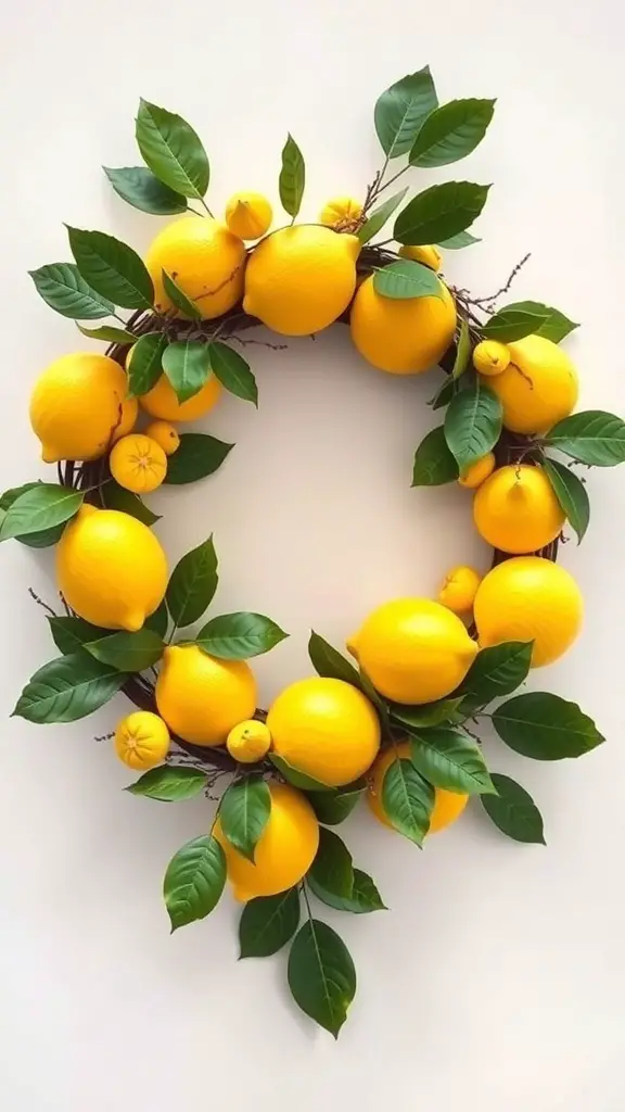 A vibrant lemon and citrus wreath featuring bright yellow lemons and green leaves on a neutral background.