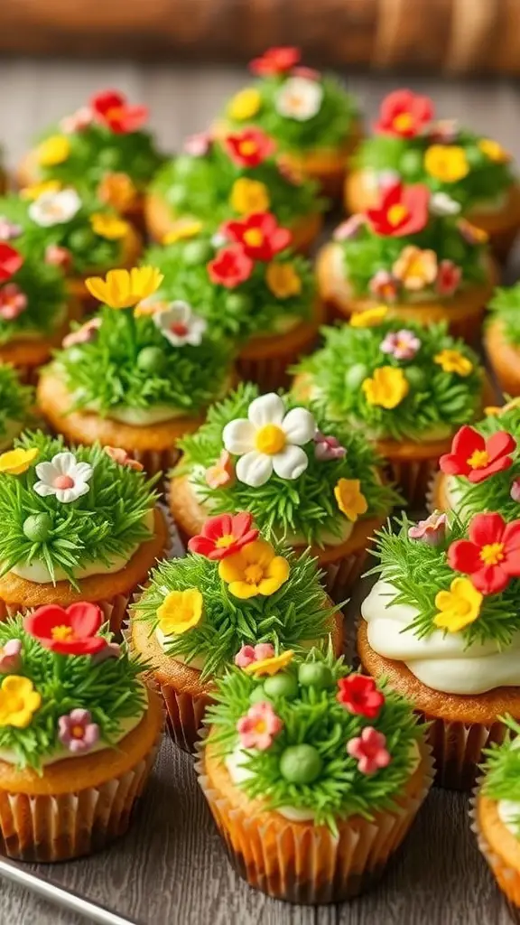 Colorful mini garden cupcakes topped with green frosting and edible flowers.