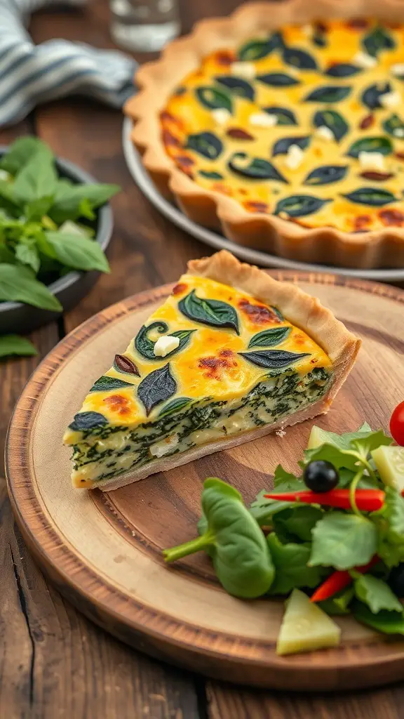 A slice of spinach and feta quiche on a wooden plate with a side salad.