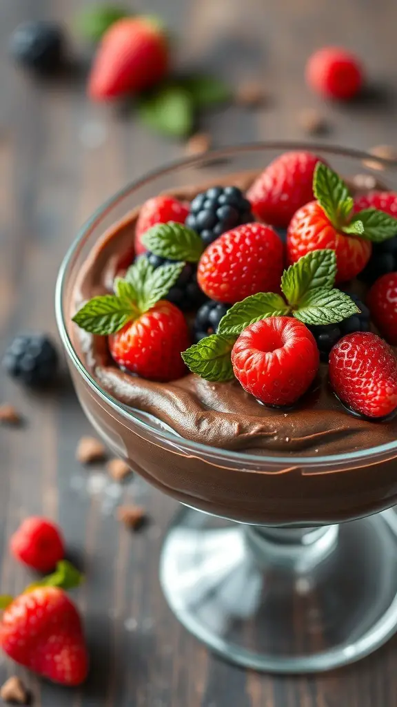 A glass bowl filled with chocolate mousse topped with fresh strawberries, raspberries, blackberries, and mint leaves.