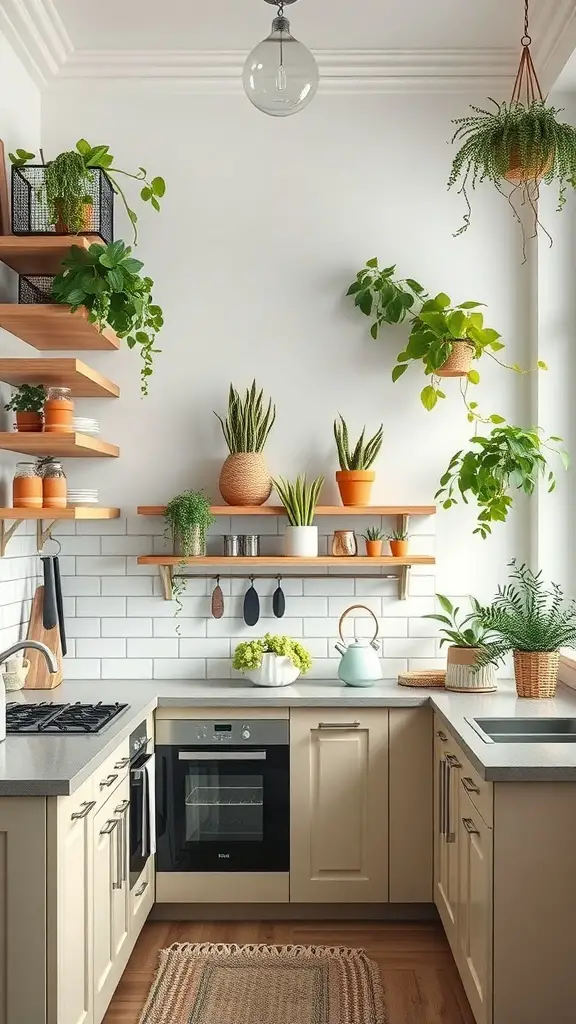A modern kitchen with open shelves, plants, and hanging utensils.