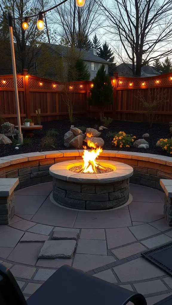 A cozy fire pit with built-in seating surrounded by a garden, illuminated by string lights.