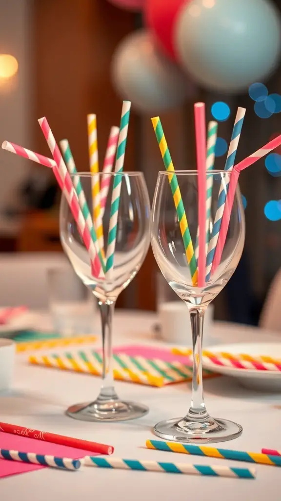 Wine glasses with colorful straws for a Galentine's celebration