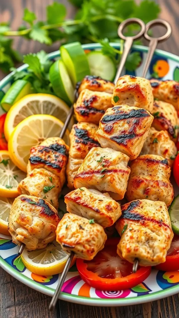 Grilled chicken skewers with lemon and herbs on a colorful plate