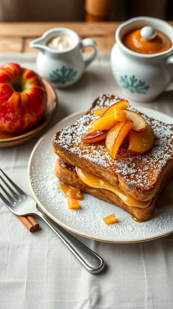 French toast topped with cinnamon apples, powdered sugar, and served with a side of apple and cream.