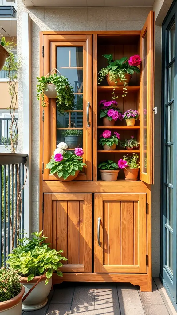 29+ Inspiring Balcony Cabinet Ideas 11 A wooden cabinet with built-in planters, displaying various colorful plants and flowers on a balcony.