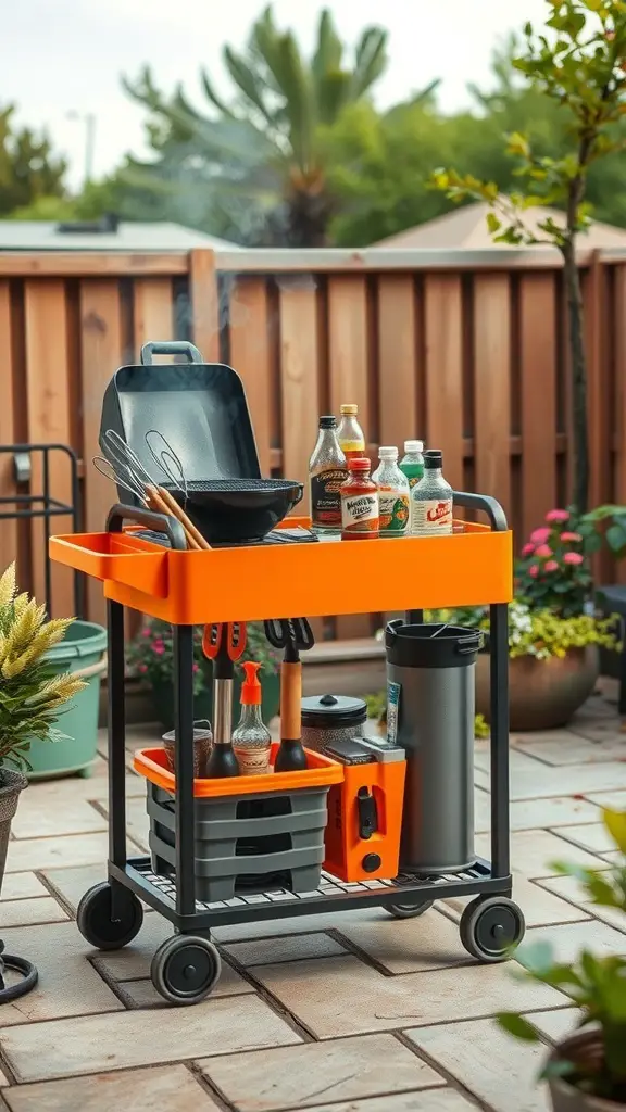A colorful rolling storage cart filled with grilling tools and condiments on a patio.
