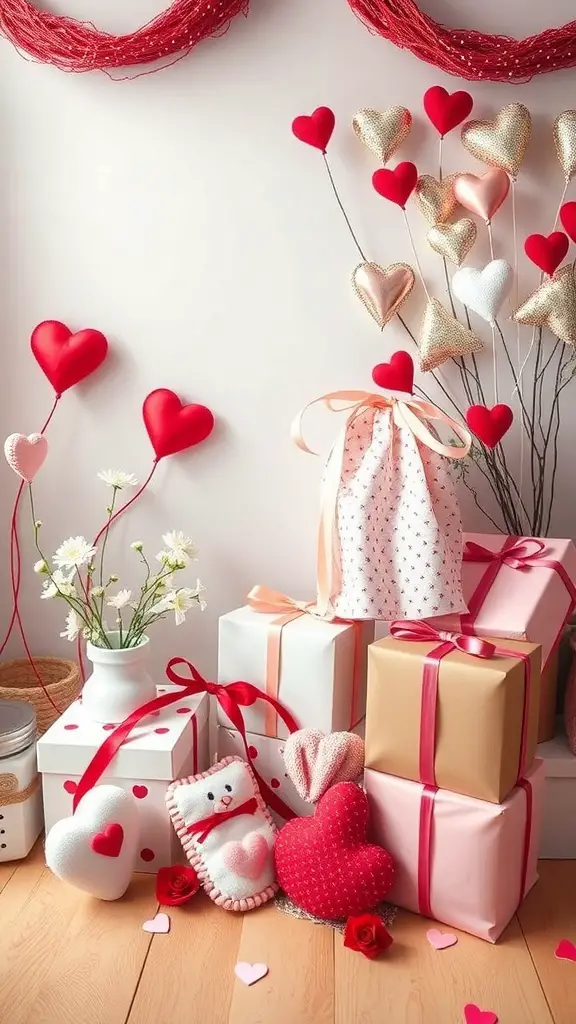 A festive display of Valentine's Day gifts and decorations featuring heart-shaped items, wrapped presents, and flowers.