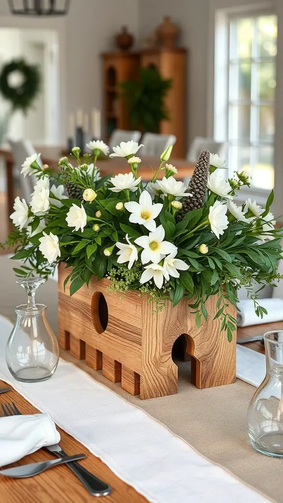 23+ Stunning Valentine's Day Centerpiece Ideas for a Romantic Atmosphere 3 A rustic wooden centerpiece with white flowers and greenery