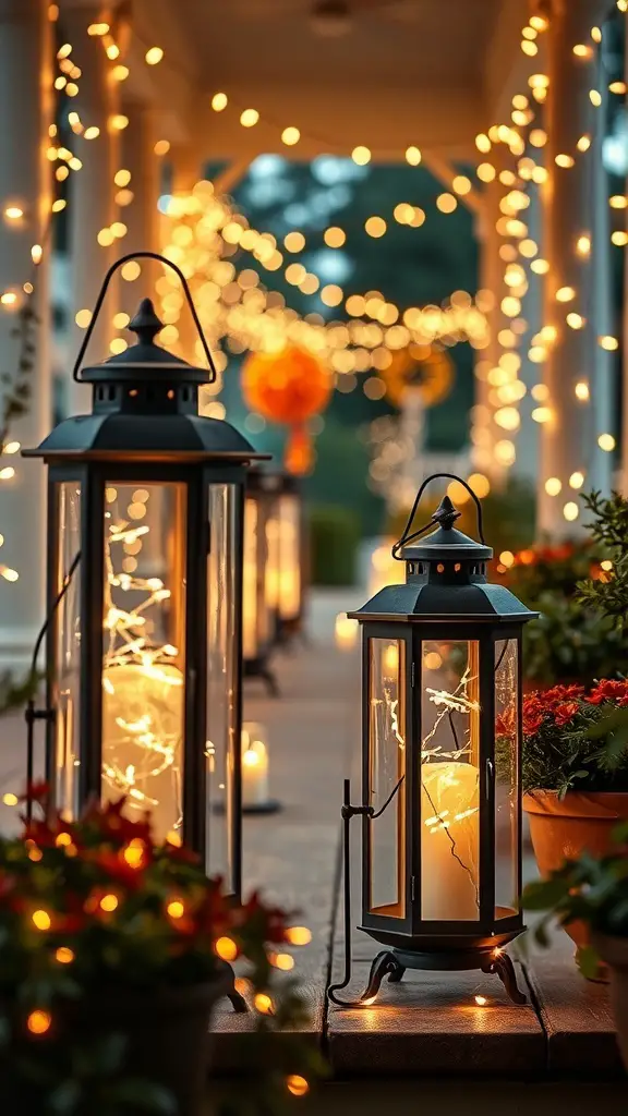 29+ Charming Farmhouse Valentine Decor Ideas You’ll Love 4 Antique lanterns with fairy lights on a porch, surrounded by flowers and string lights.
