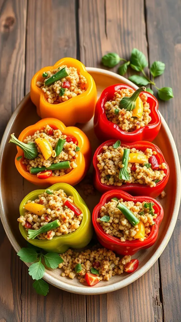 Colorful vegetarian stuffed peppers filled with grains and vegetables on a wooden table.