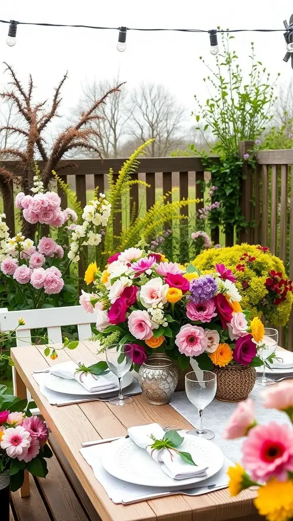 Chic outdoor dining setup with a floral centerpiece and elegant tableware.