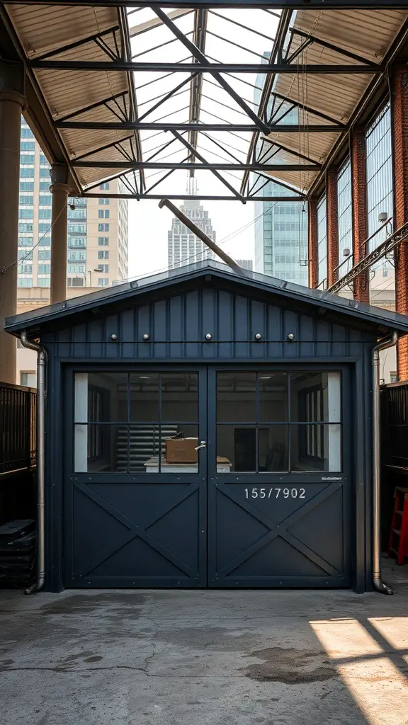 A modern industrial style shed with dark blue exterior and large glass doors, set in an urban environment.