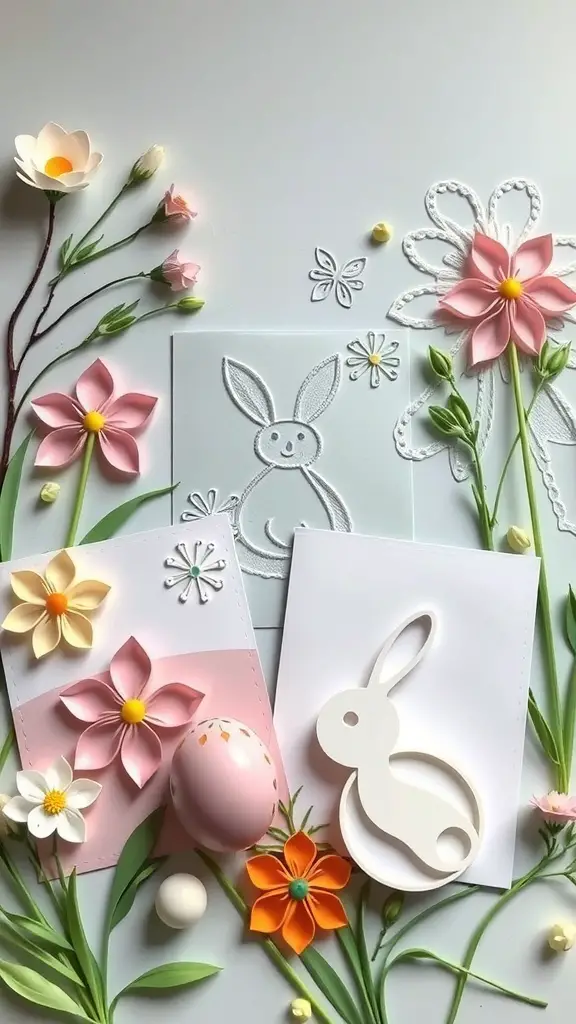 Colorful quilled Easter cards with flowers and a bunny design